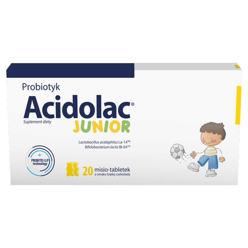 Acidolac Junior, misio-tabletki, smak białej czekolady, 20 sztuk