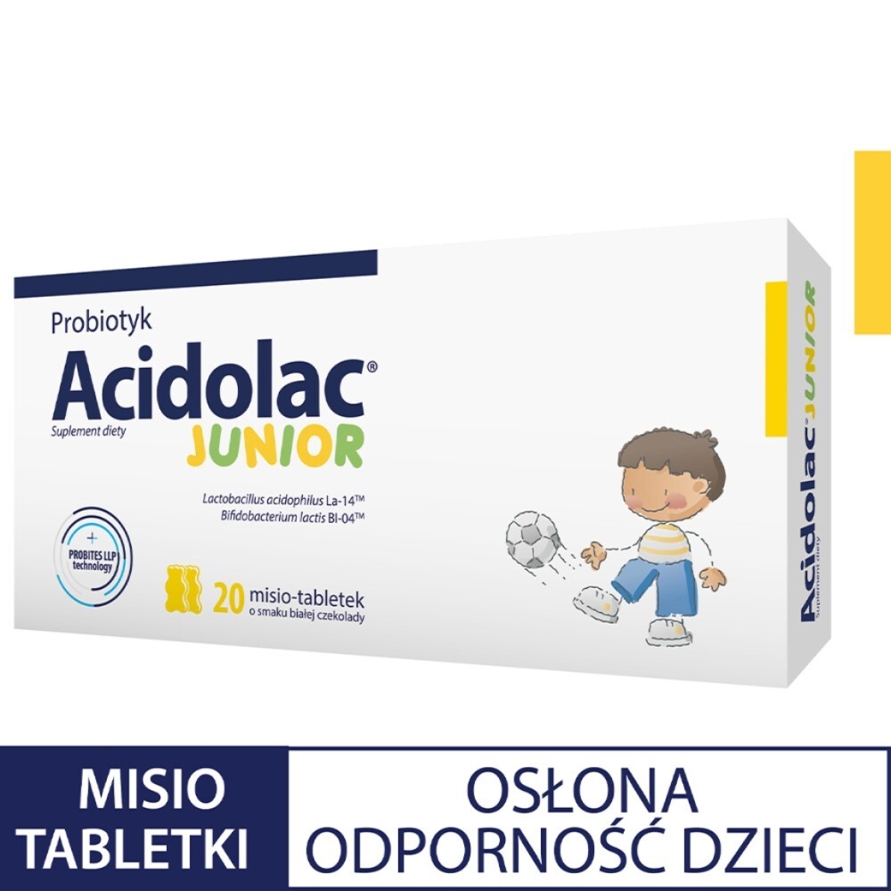 Acidolac Junior, misio-tabletki, smak białej czekolady, 20 sztuk