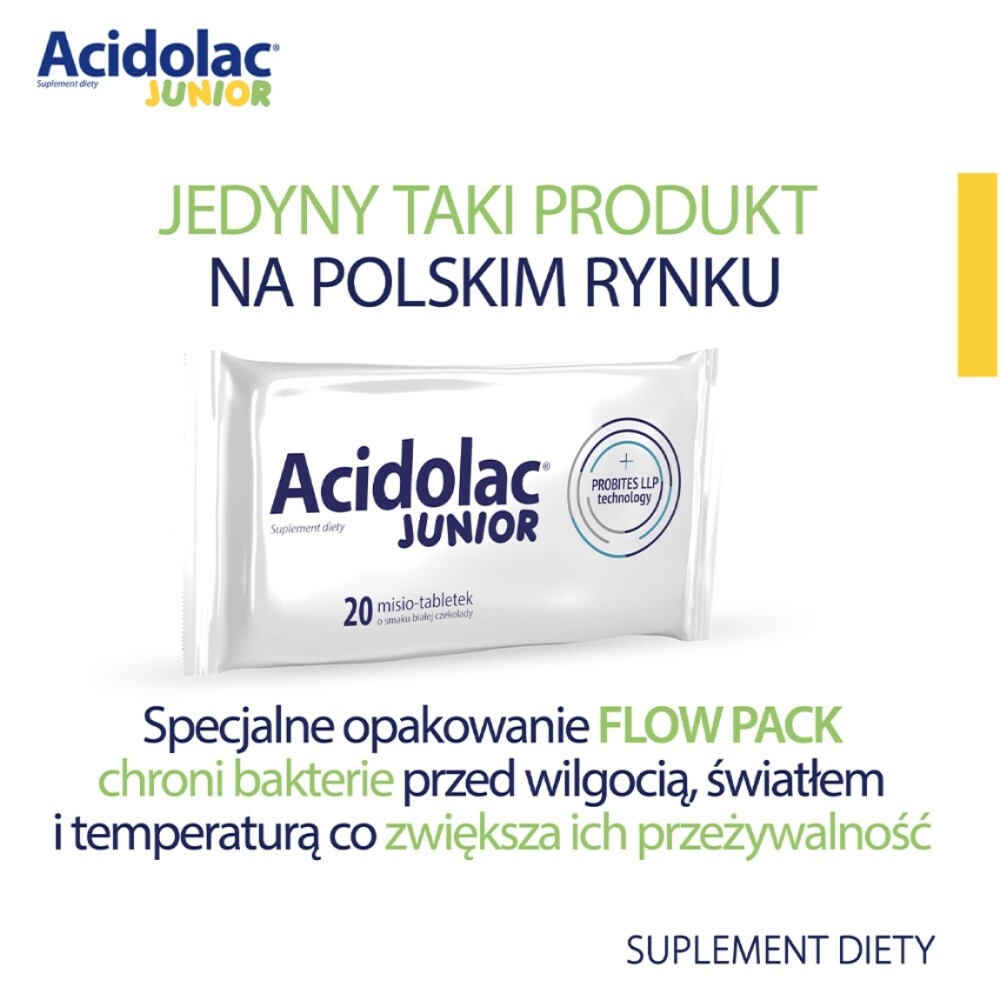 Acidolac Junior, misio-tabletki, smak białej czekolady, 20 sztuk