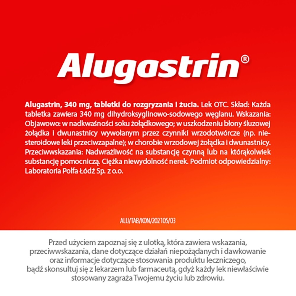 Alugastrin Dihydroxyaluminii natrii carbonas 340 mg Lek o smaku miętowym 40 sztuk