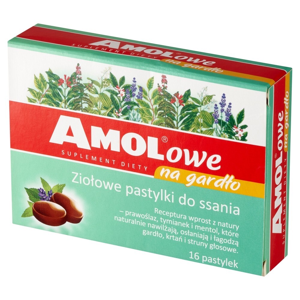 AMOLowe na gardło, ziołowe pastylki do ssania, 16 pastylek