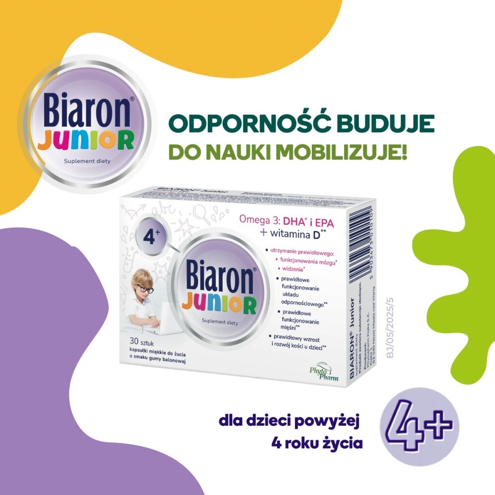 Biaron Junior Suplement diety kapsułki miękkie do żucia o smaku gumy balonowej 30 sztuk