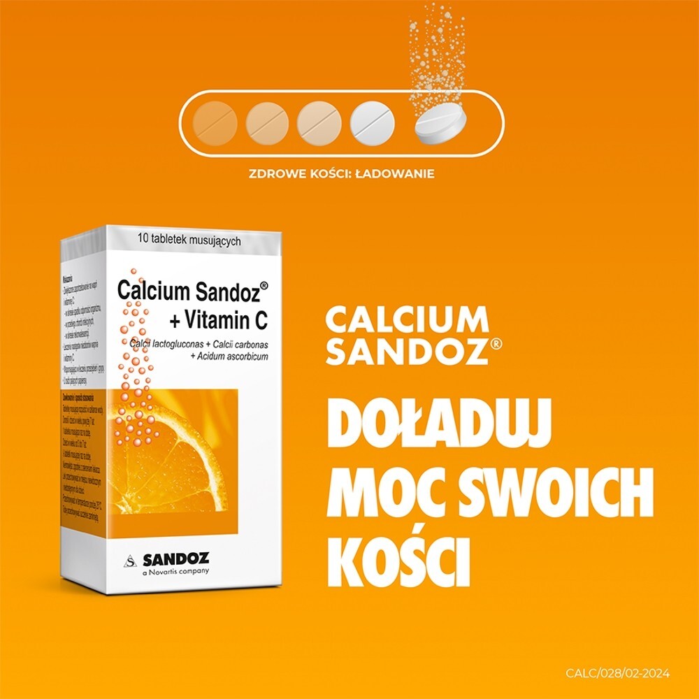 Calcium Sandoz + Vitamina C 260 mg + 1000 mg, smak pomarańczowy, 10 tabletek musujących