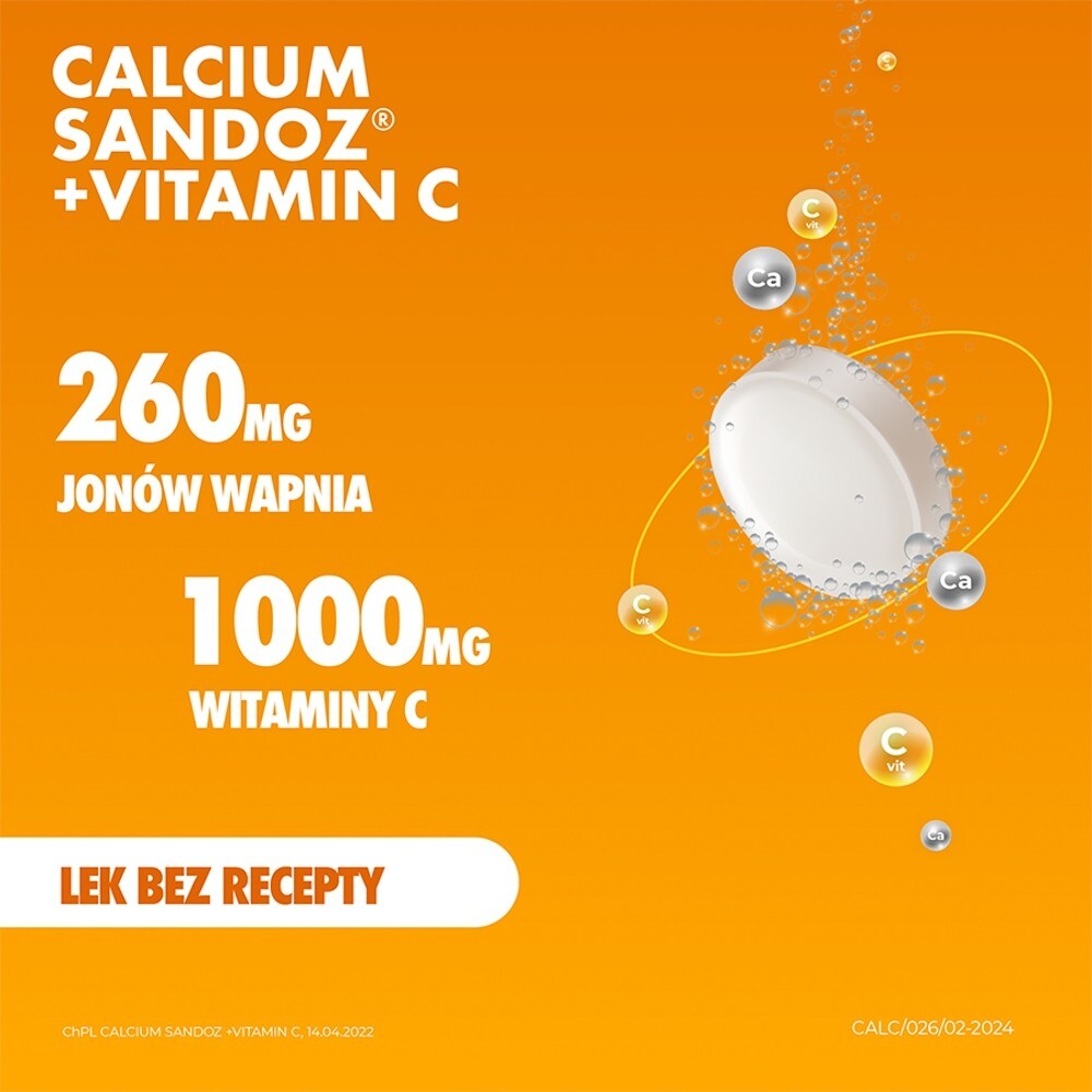 Calcium Sandoz + Vitamina C 260 mg + 1000 mg, smak pomarańczowy, 10 tabletek musujących