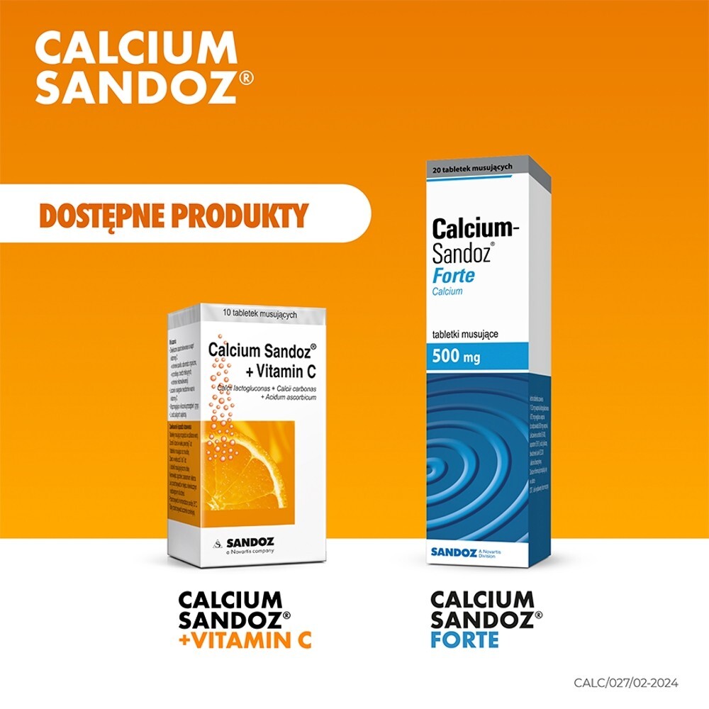 Calcium Sandoz + Vitamina C 260 mg + 1000 mg, smak pomarańczowy, 10 tabletek musujących