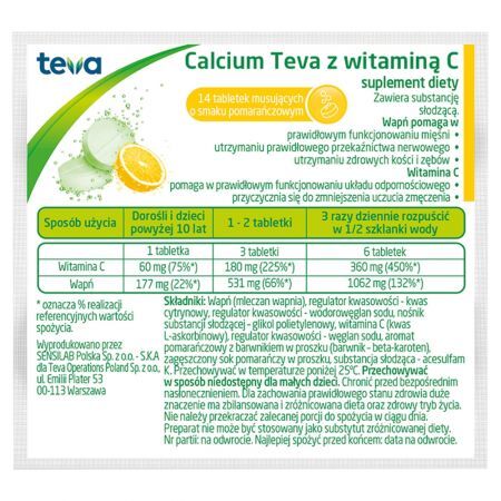Calcium Teva z witaminą C smak pomarańczy Suplement diety 14 sztuk