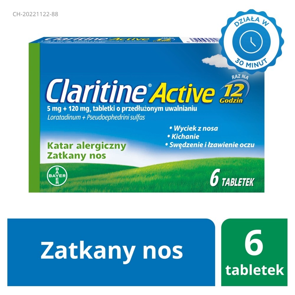 Claritine Active, 5 mg + 120 mg, tabletki o przedłużonym uwalnianiu, 6 tabletek