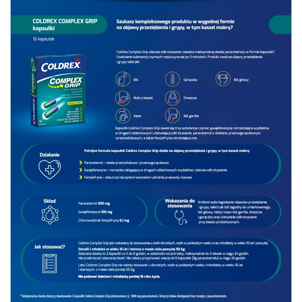 Coldrex Complex Grip 500 mg + 100 mg + 6,1 mg, 16 kapsułek