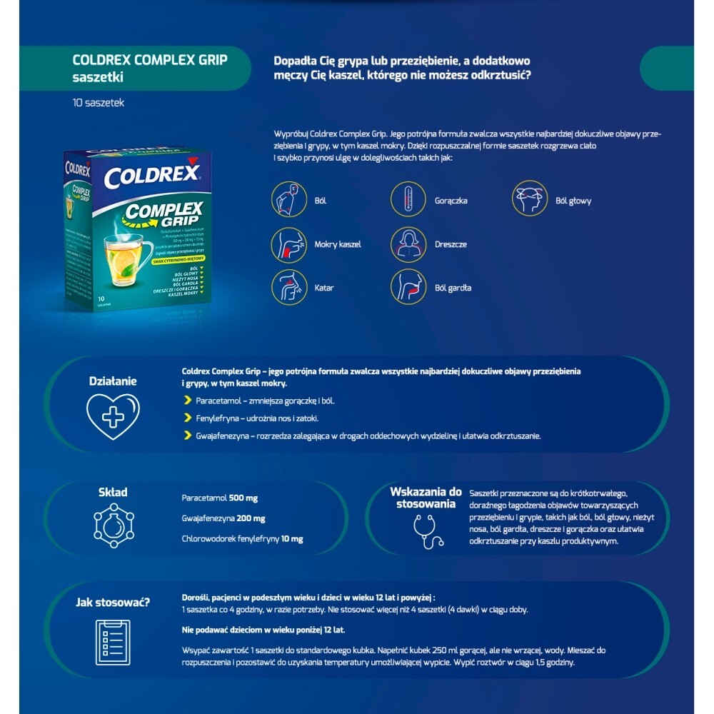 Coldrex Complex Grip 500 mg + 200 mg + 10 mg, proszek do sporządzania roztworu doustnego, smak cytrynowo-miętowy, 10 saszetek