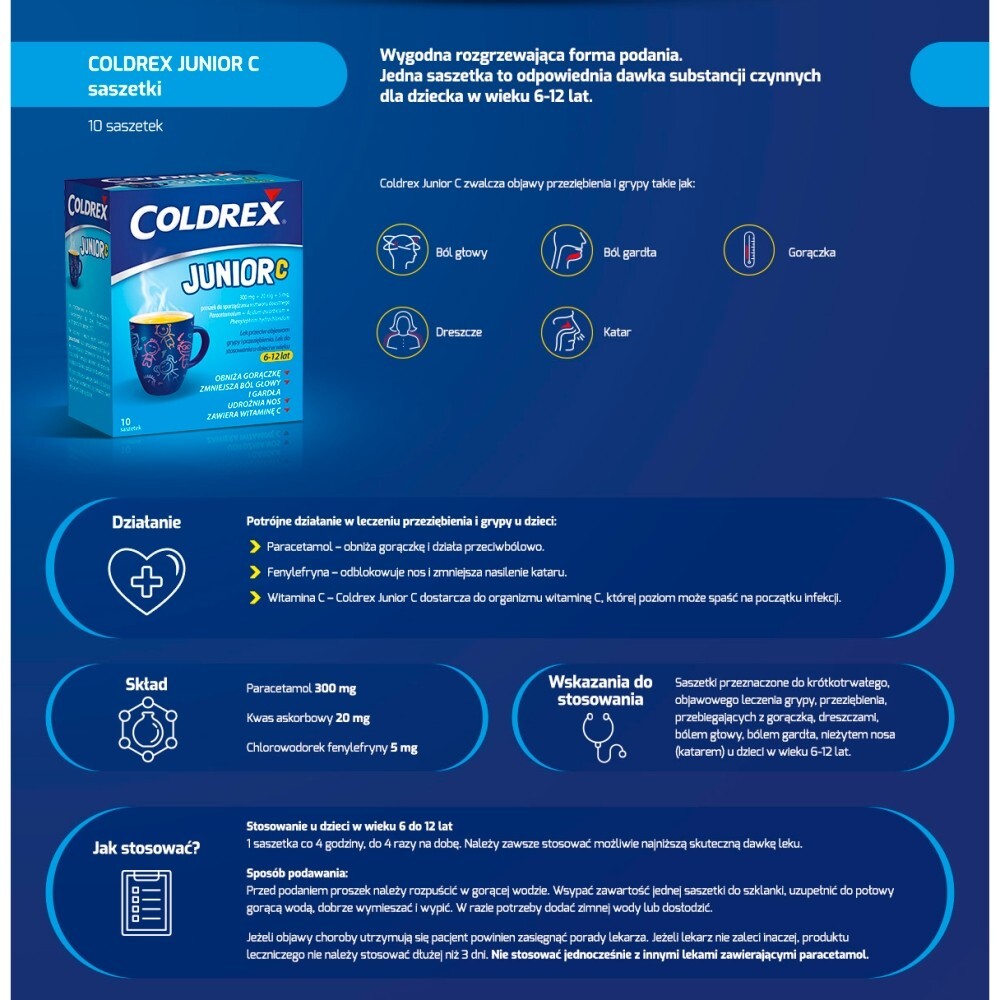 Coldrex Junior C 300 mg + 20 mg +5 mg, proszek do sporządzania roztworu doustnego dla dzieci 6-12 lat, smak cytrynowy, 10 saszetek