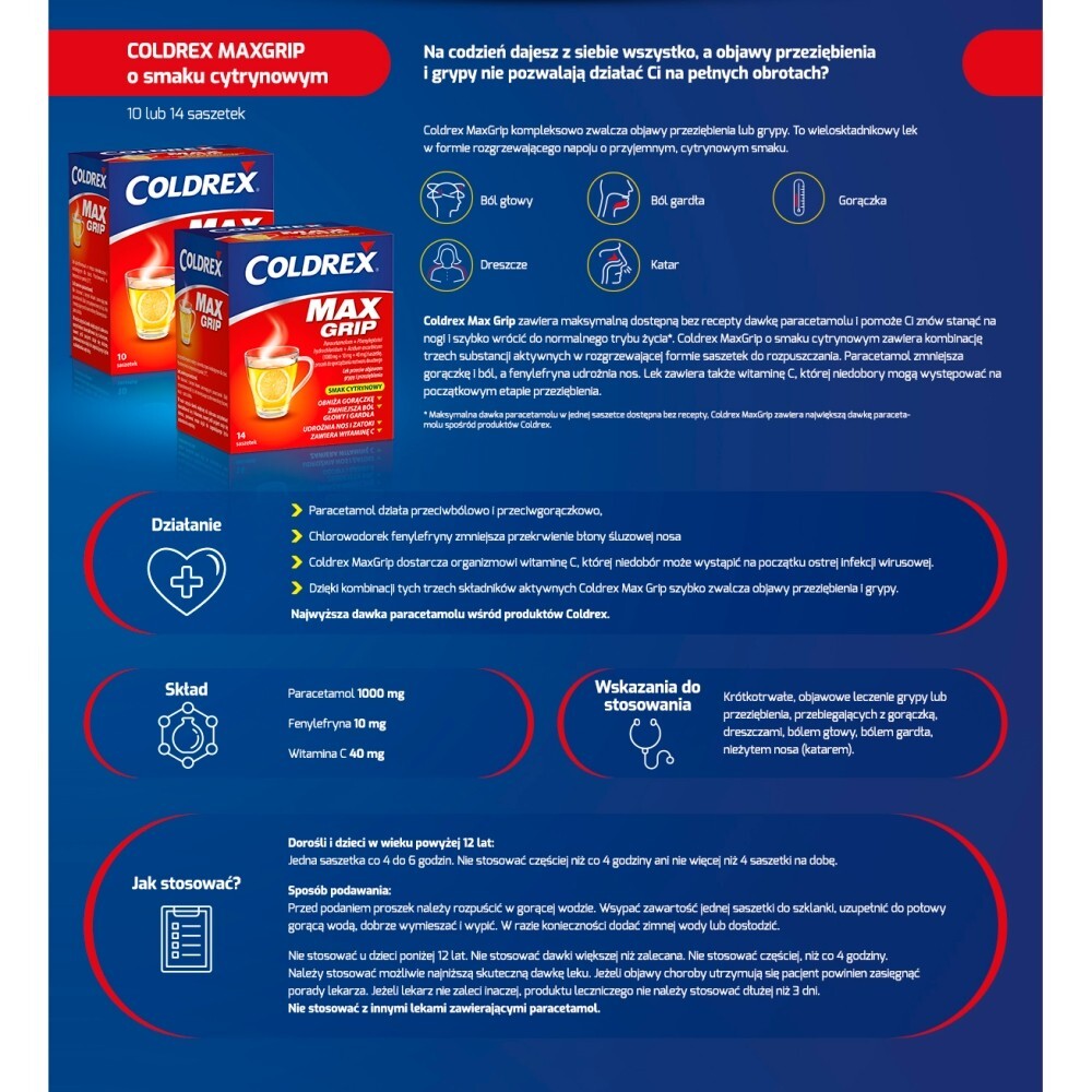 Coldrex MaxGrip 1000 mg + 10 mg + 40 mg, smak cytrynowy, 14 saszetek
