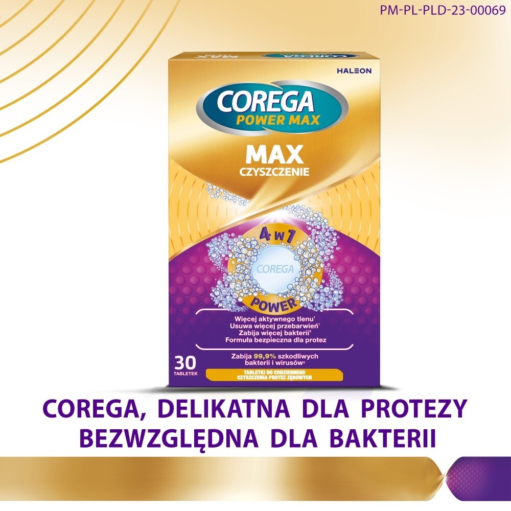 Corega Power Max Czyszczenie, tabletki przeciwbakteryjne do czyszczenia protez zębowych 4w1 z aktywnym tlenem, 30 tabletek