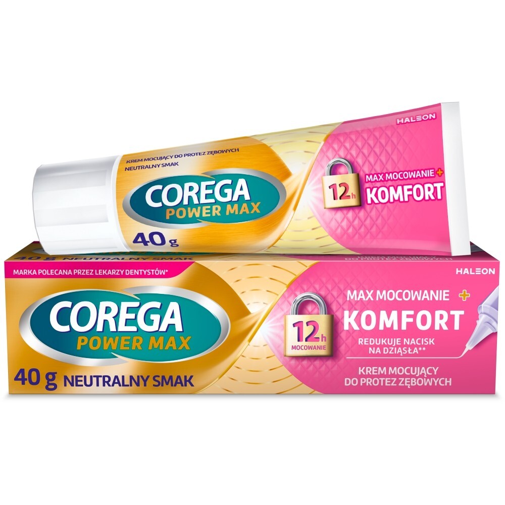 Corega Power Max Mocowanie + Komfort, krem mocujący do protez zębowych, neutralny, 40 g