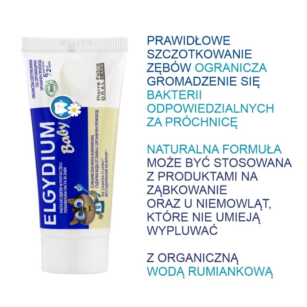 Elgydium Baby, pasta do zębów w postaci żelu dla dzieci od 6 miesiąca, bez fluoru, 30 ml