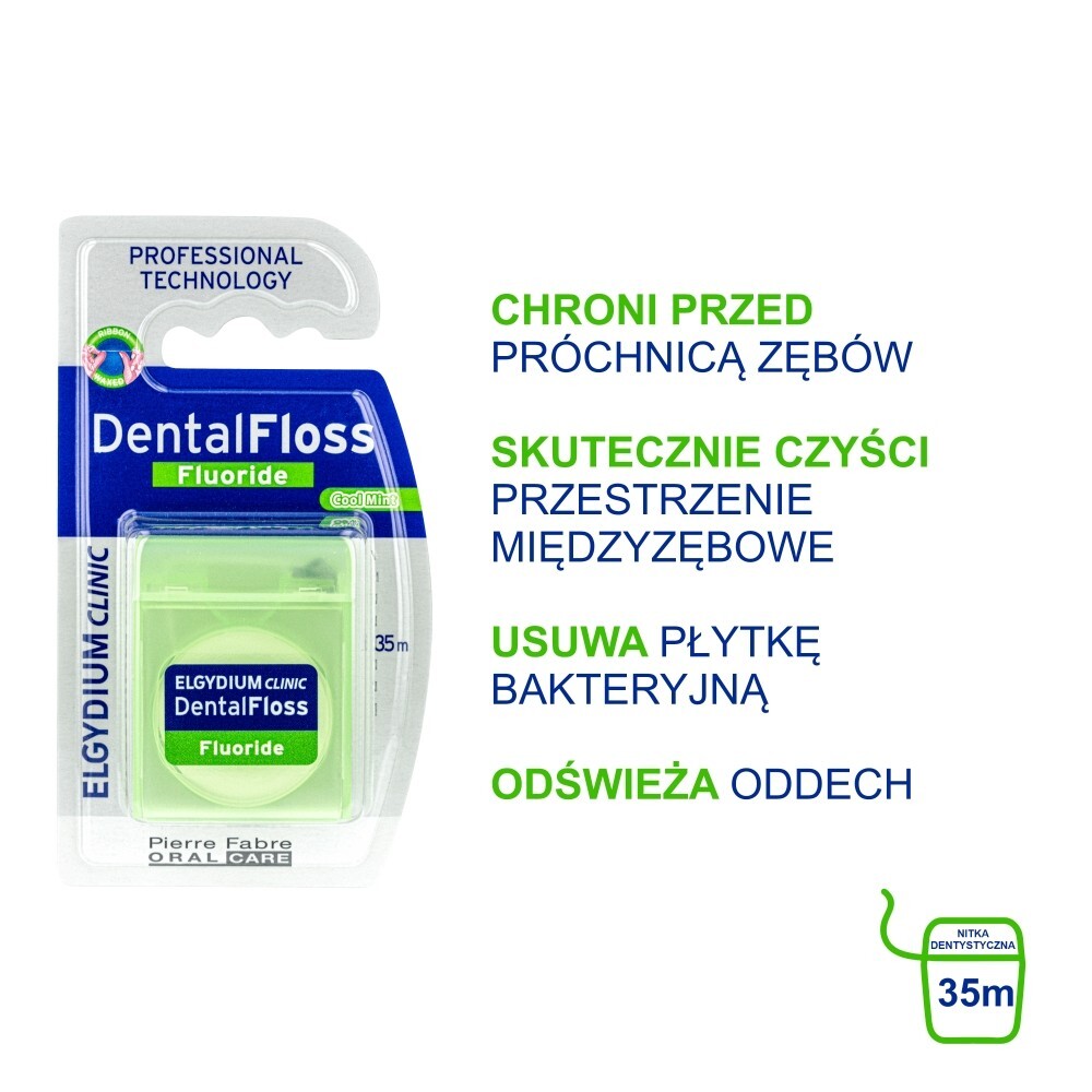 Elgydium Clinic, nić dentystyczna z fluorem, orzeźwiająca mięta, 35 m