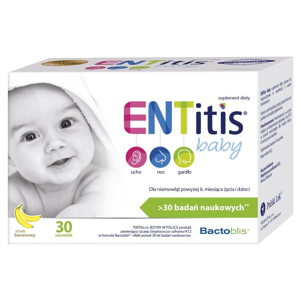 ENTitis Baby dla niemowląt powyżej 6 miesiąca i dzieci, smak bananowy, 30 saszetek