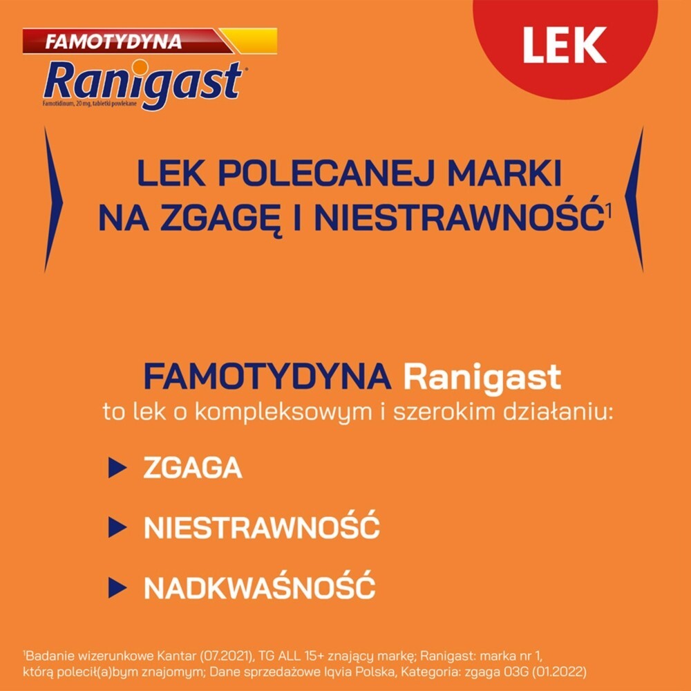 Famotydyna Ranigast, 20 mg, tabletki powlekane, 20 tabletek