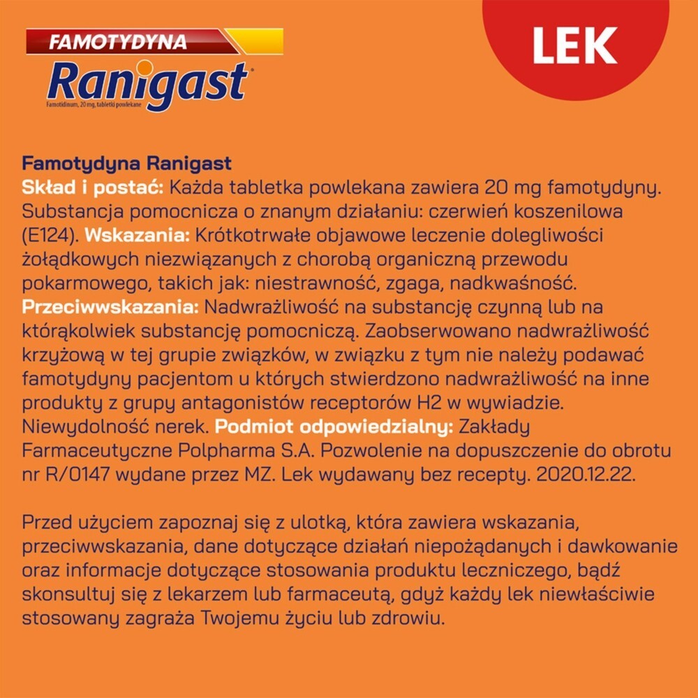 Famotydyna Ranigast, 20 mg, tabletki powlekane, 20 tabletek