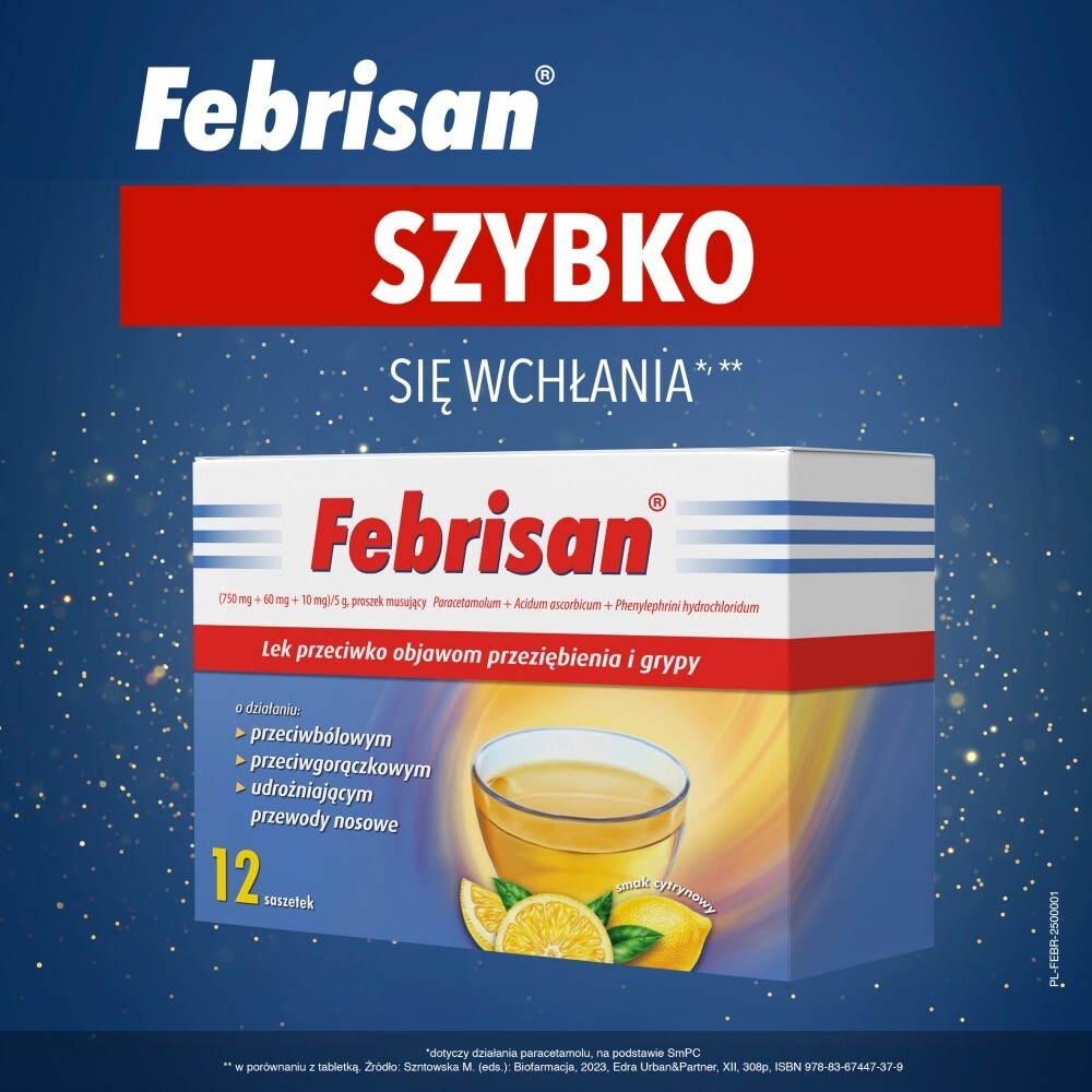Febrisan, proszek musujący o smaku cytrynowym, 5 g, saszetki, 12 sztuk