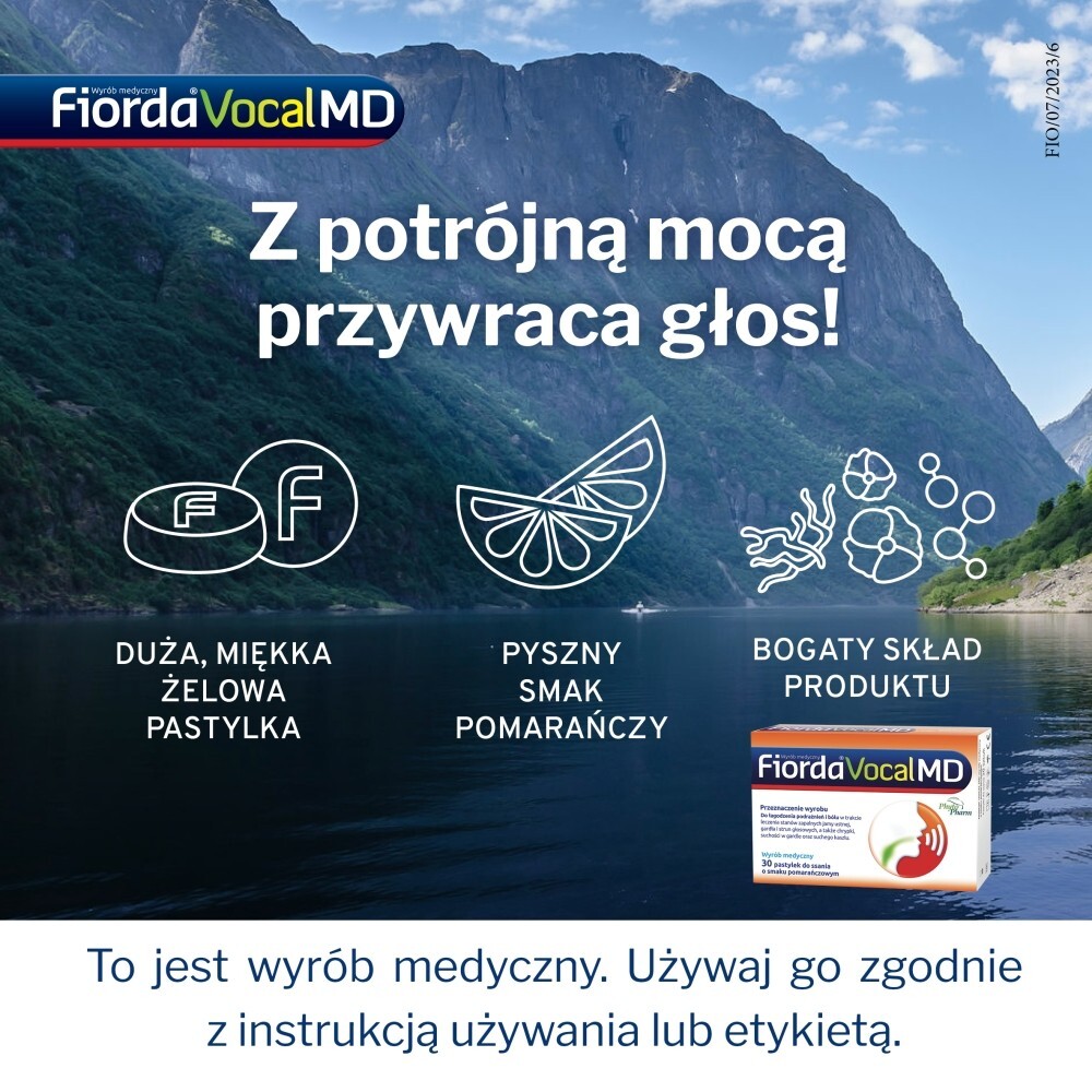 Fiorda Vocal MD, pastylki do ssania o smaku pomarańczowym, 30 pastylek