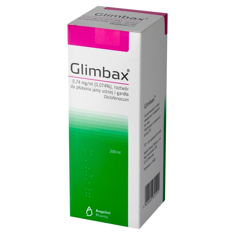 Glimbax, 0,74 mg / ml (0,074%), roztwór do płukania jamy ustnej i gardła, 200 ml