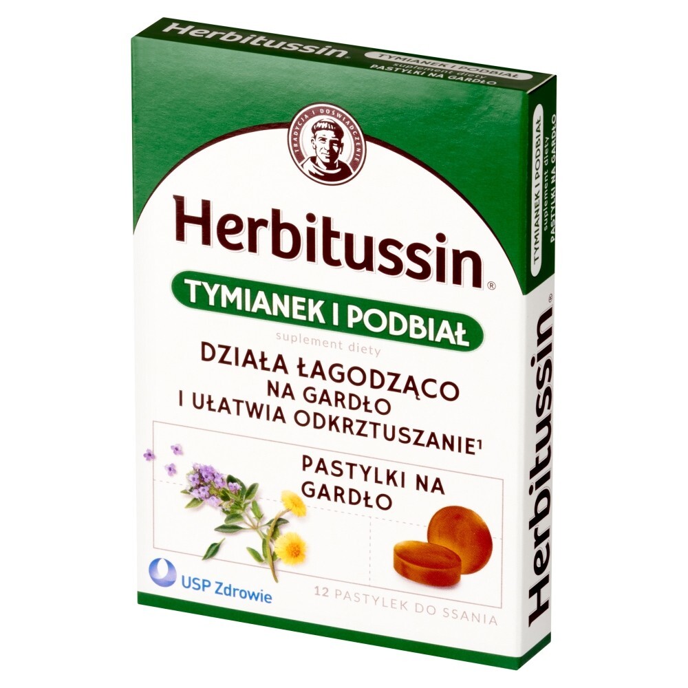 Herbitussin Tymianek i Podbiał, pastylki do ssania, 12 pastylek