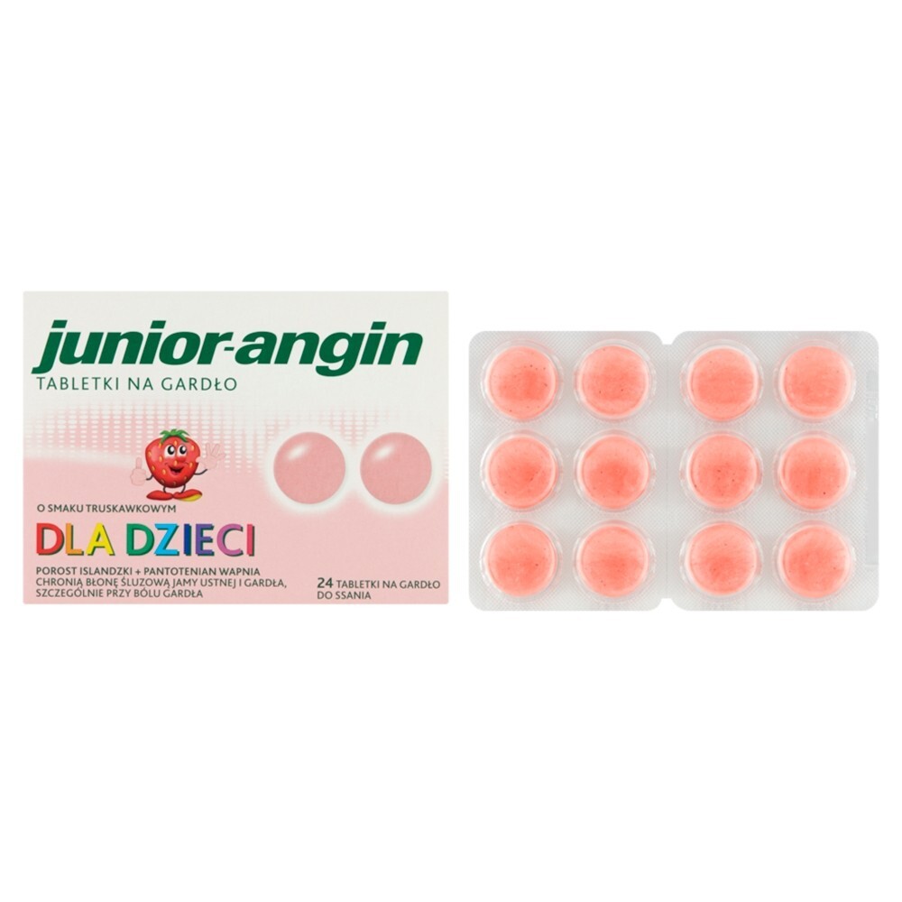 Junior-angin Wyrób medyczny tabletki na gardło o smaku truskawkowym 24 sztuki