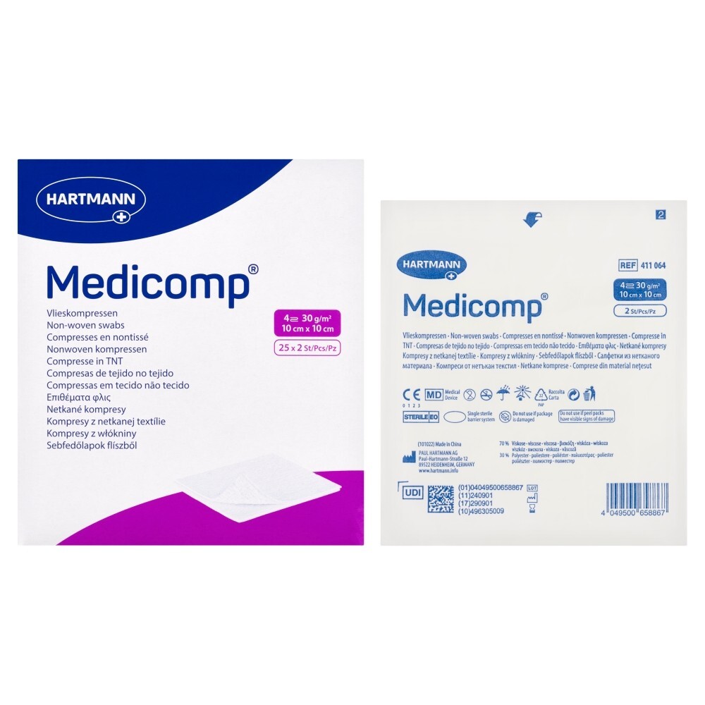 Kompres włóknisty jałowy Medicomp, 4 warstwowe, 10 cm x 10 cm, 50 sztuk