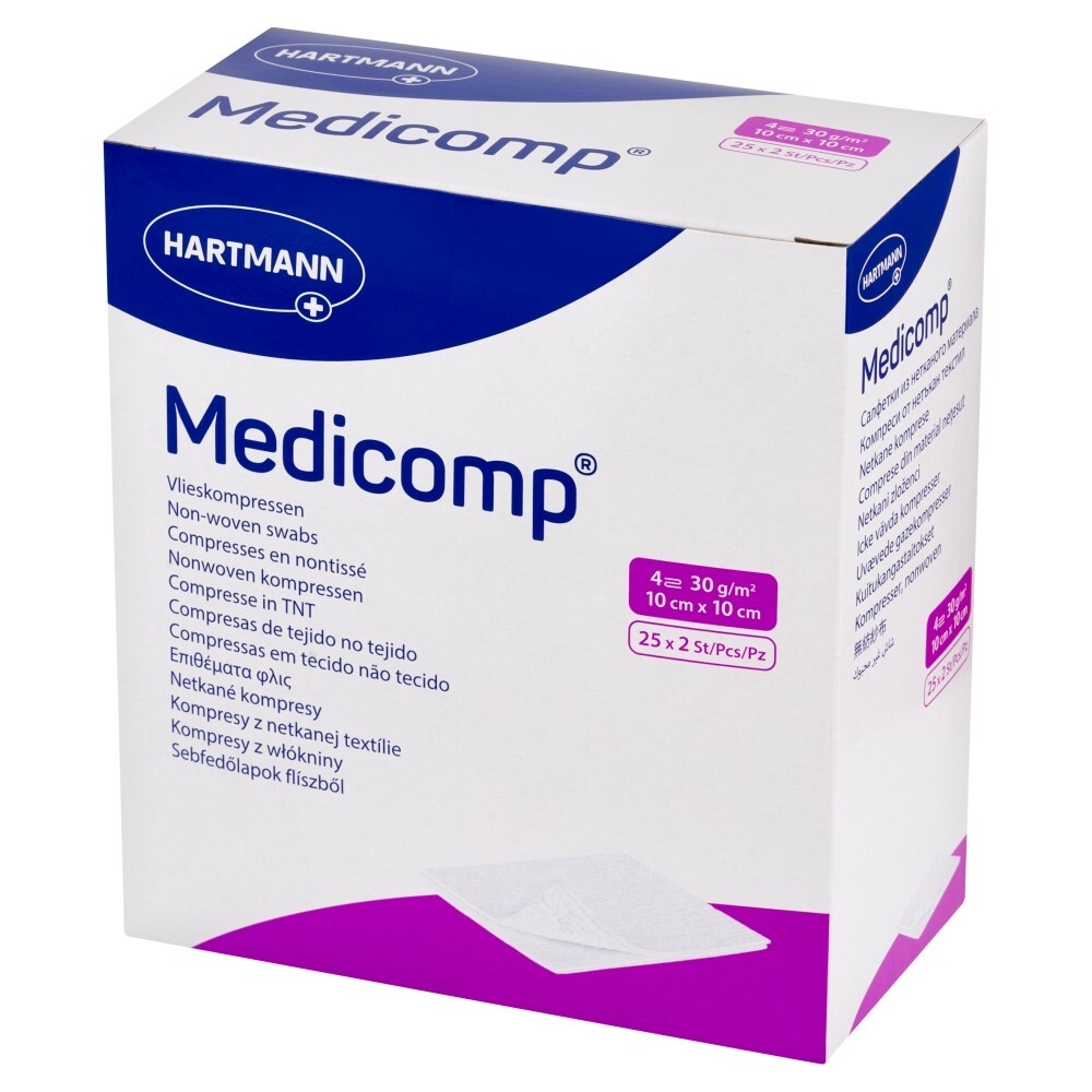 Kompres włóknisty jałowy Medicomp, 4 warstwowe, 10 cm x 10 cm, 50 sztuk