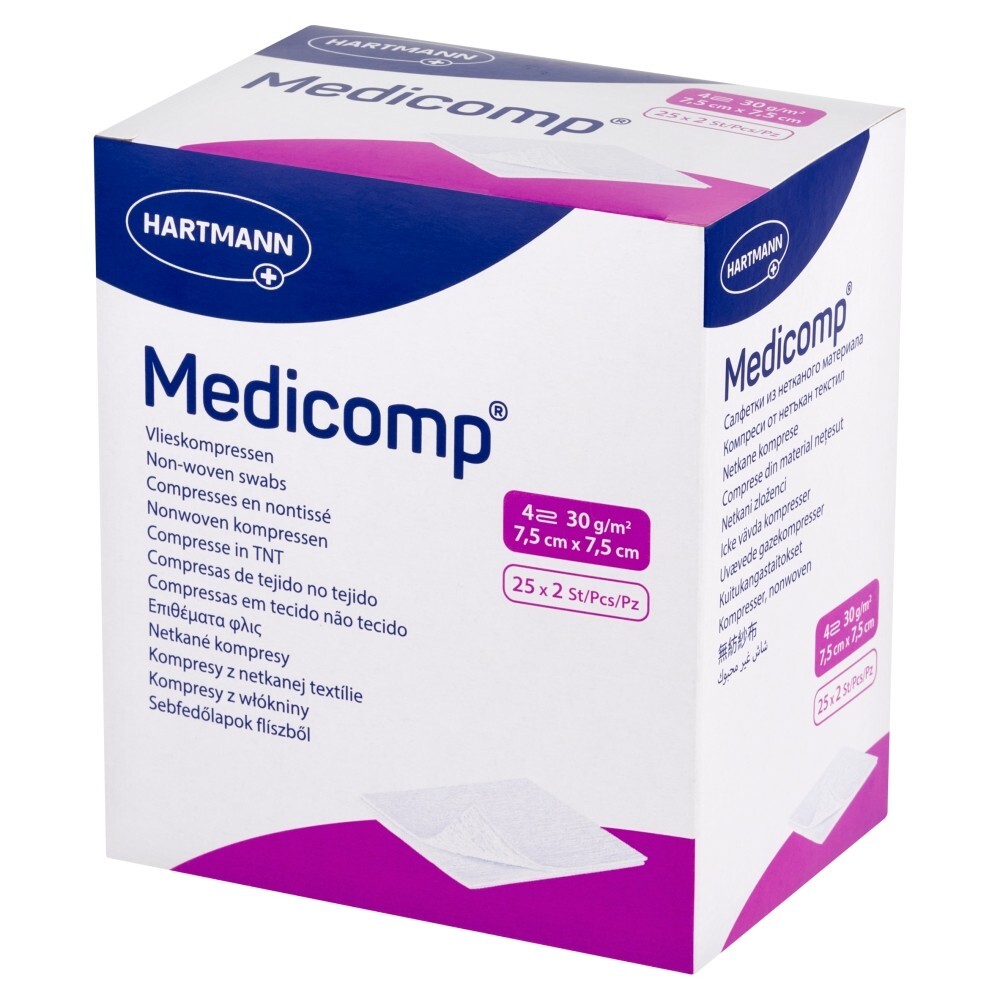 Kompres włóknisty jałowy Medicomp, 4 warstwowe, 7,5 cm x 7,5 cm, 50 sztuk