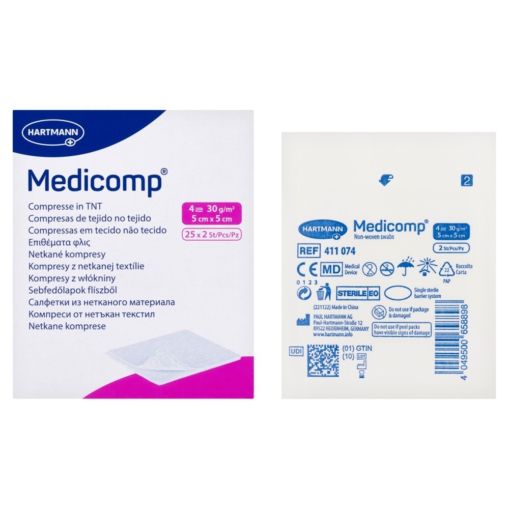 Kompres włóknisty jałowy Medicomp, 4 warstwowy, 5 cm x 5 cm, 50 sztuk