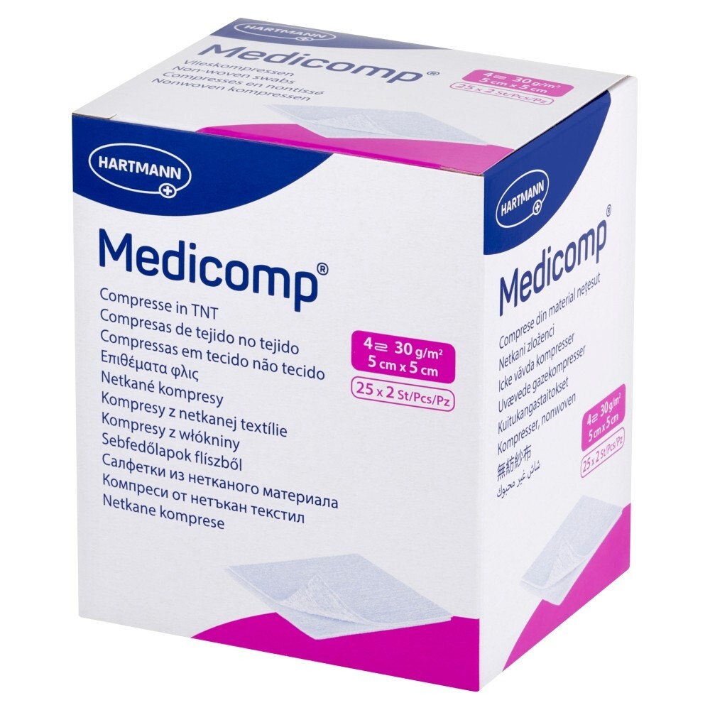 Kompres włóknisty jałowy Medicomp, 4 warstwowy, 5 cm x 5 cm, 50 sztuk