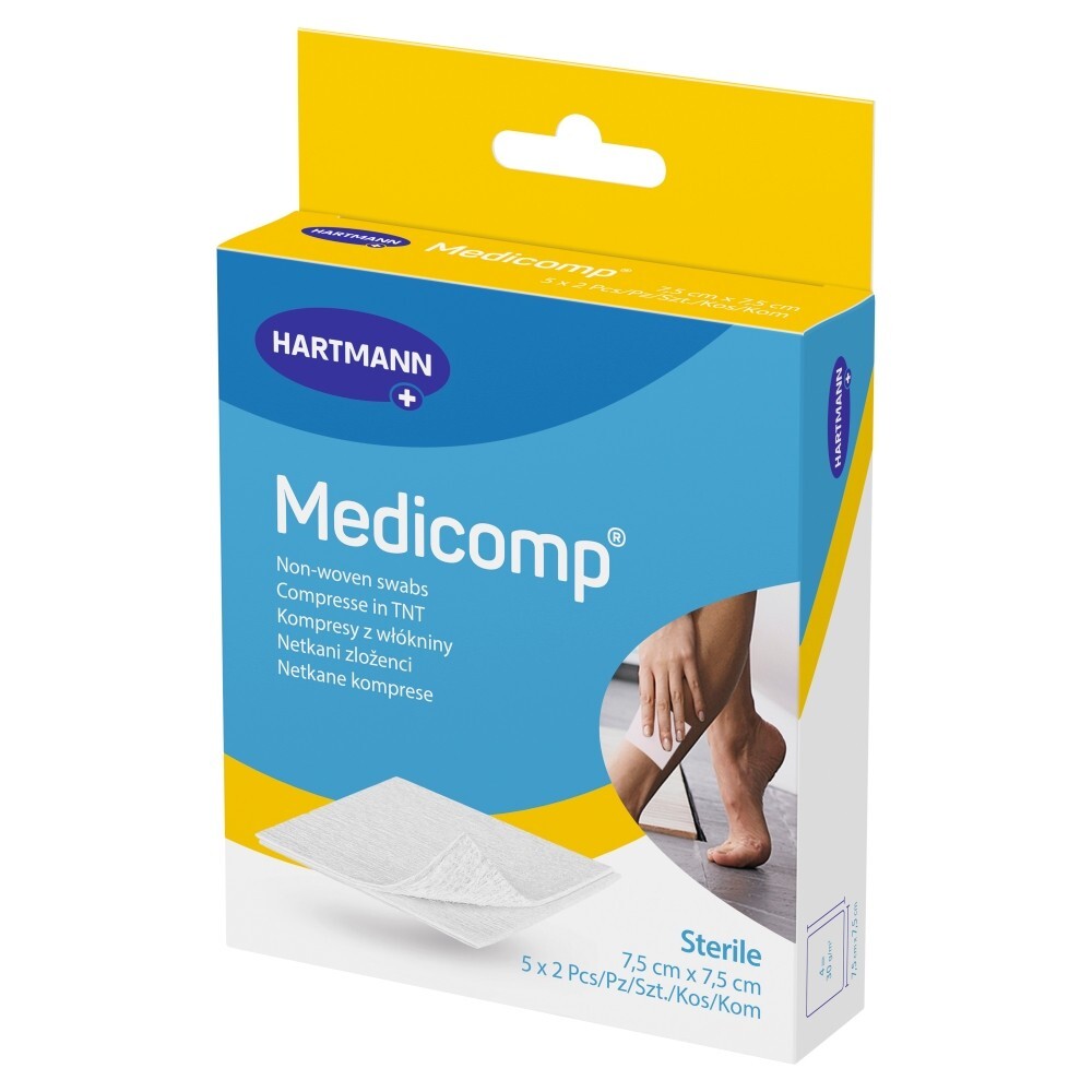 Medicomp, jałowe kompresy z włókniny, 4-warstwowe, 7,5 cm x 7,5 cm, 10 sztuk