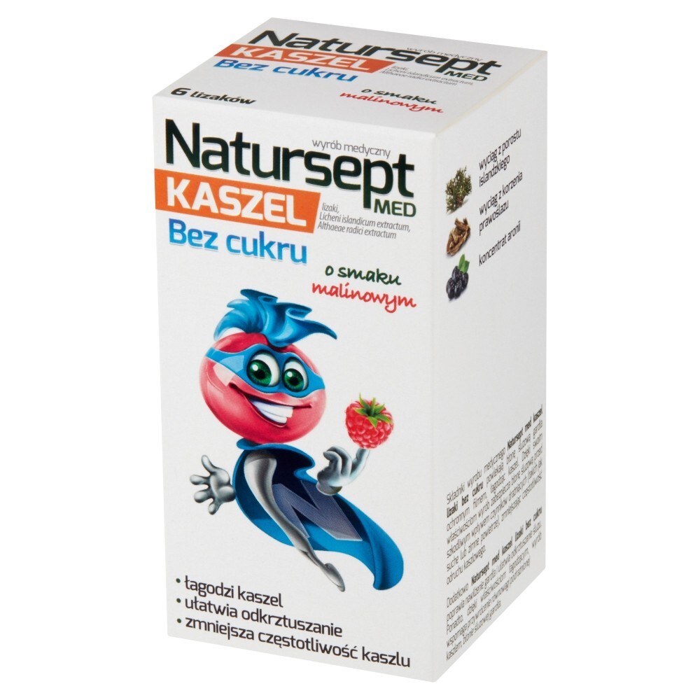 Natursept Med Kaszel Wyrób medyczny lizaki bez cukru o smaku malinowym 48 g (6 x 8 g)