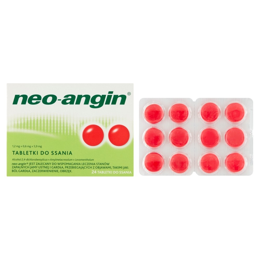 Neo-Angin, 1,2 mg+0,6 mg+5,9 mg, tabletki do ssania, 24 tabletki