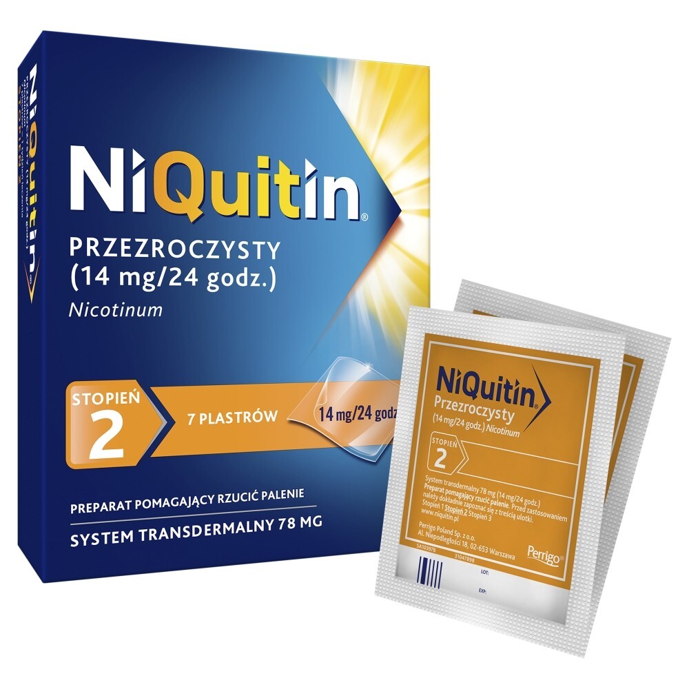 NiQuitin 14 mg/24 h Przezroczysty Preparat pomagający rzucić palenie stopień 2 7 plastrów