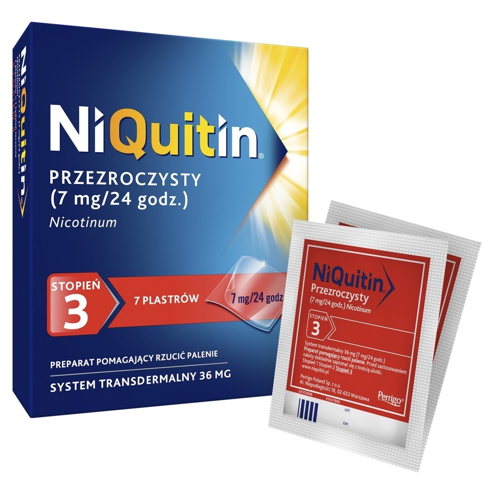 NiQuitin 7 mg/24 h Przezroczysty Preparat pomagający rzucić palenie stopień 3 7 plastrów