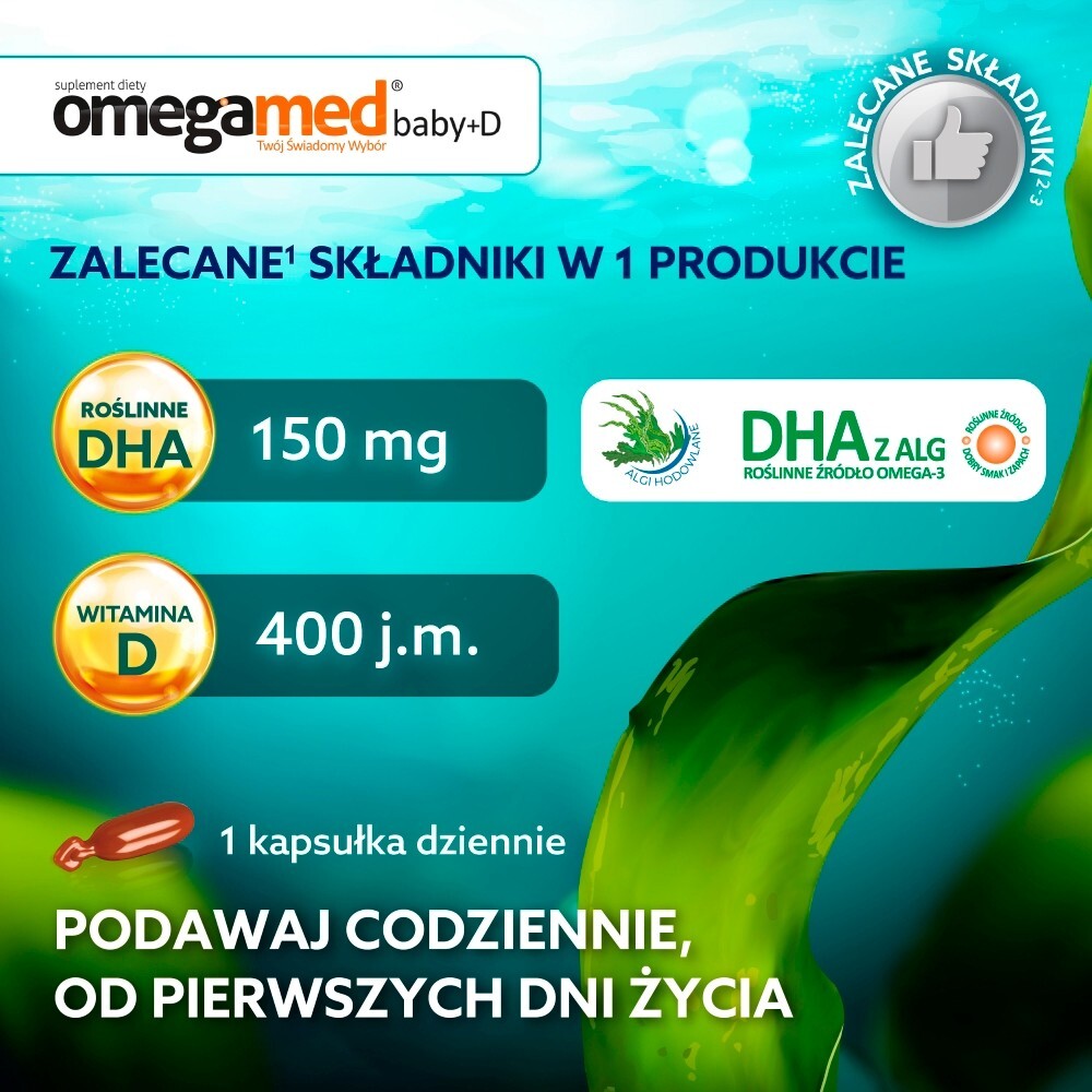 Omegamed Baby+D 0+, DHA + witamina D, od urodzenia, 60 kapsułek twist-off