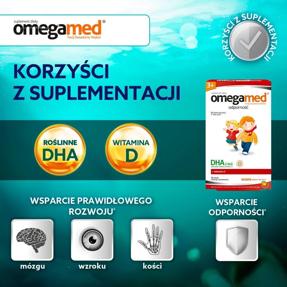 Omegamed Odporność 3+, DHA z alg, dla dzieci powyżej 3 lat, 30 pastylek żelowych