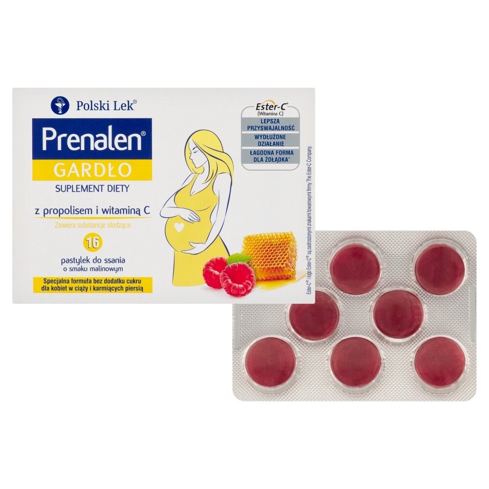 Prenalen Gardło z maliną i propolisem, pastylki do ssania bez cukru, 16 pastylek