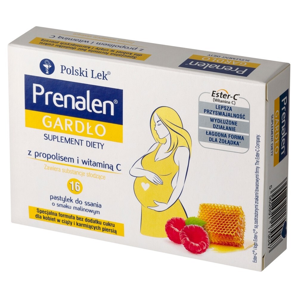 Prenalen Gardło z maliną i propolisem, pastylki do ssania bez cukru, 16 pastylek