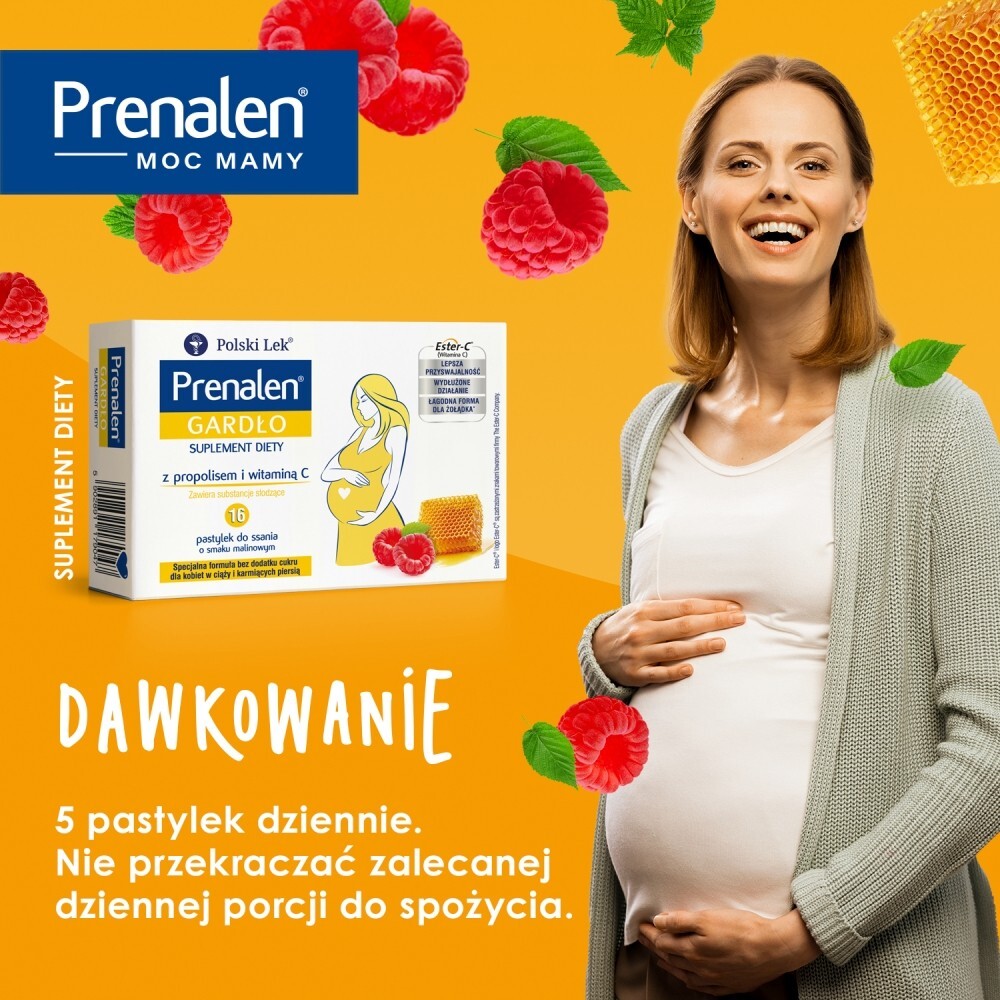 Prenalen Gardło z maliną i propolisem, pastylki do ssania bez cukru, 16 pastylek