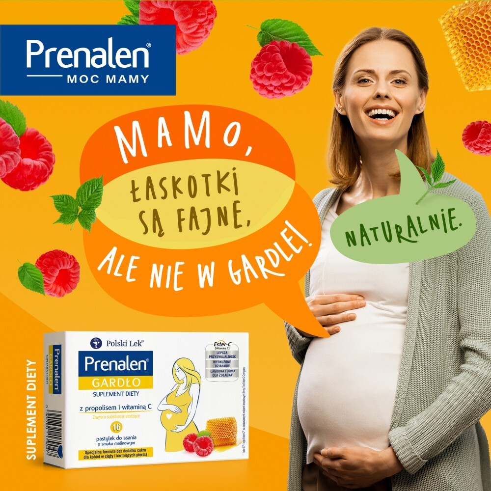 Prenalen Gardło z maliną i propolisem, pastylki do ssania bez cukru, 16 pastylek