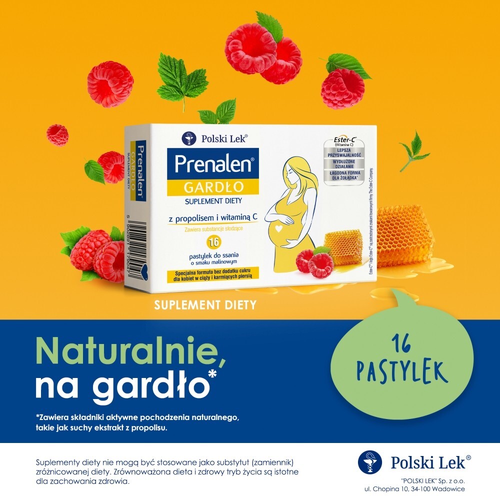 Prenalen Gardło z maliną i propolisem, pastylki do ssania bez cukru, 16 pastylek