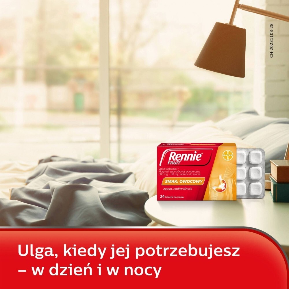 Rennie Fruit, 680 mg + 80 mg, tabletki do ssania, smak owocowy, 24 tabletki