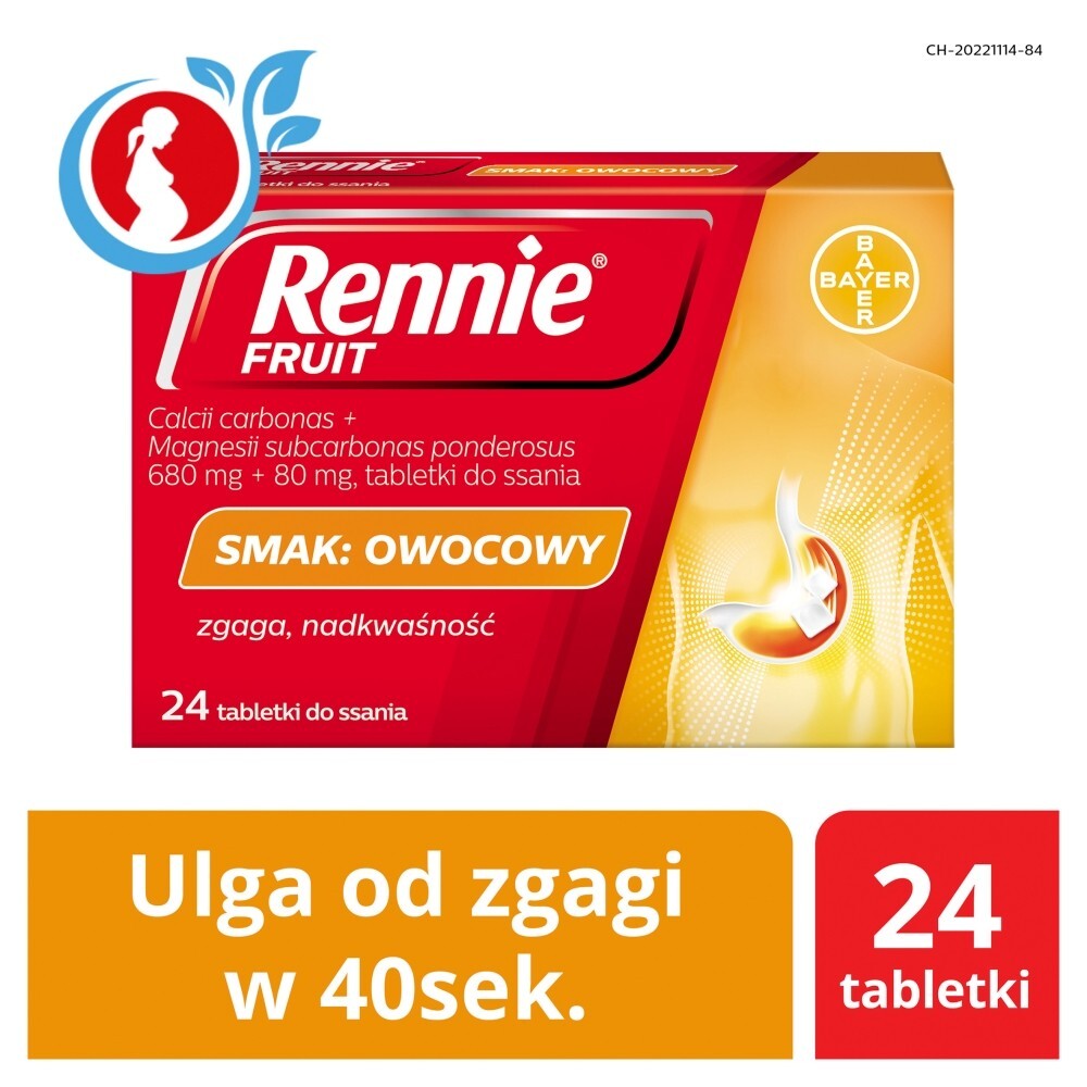 Rennie Fruit, 680 mg + 80 mg, tabletki do ssania, smak owocowy, 24 tabletki