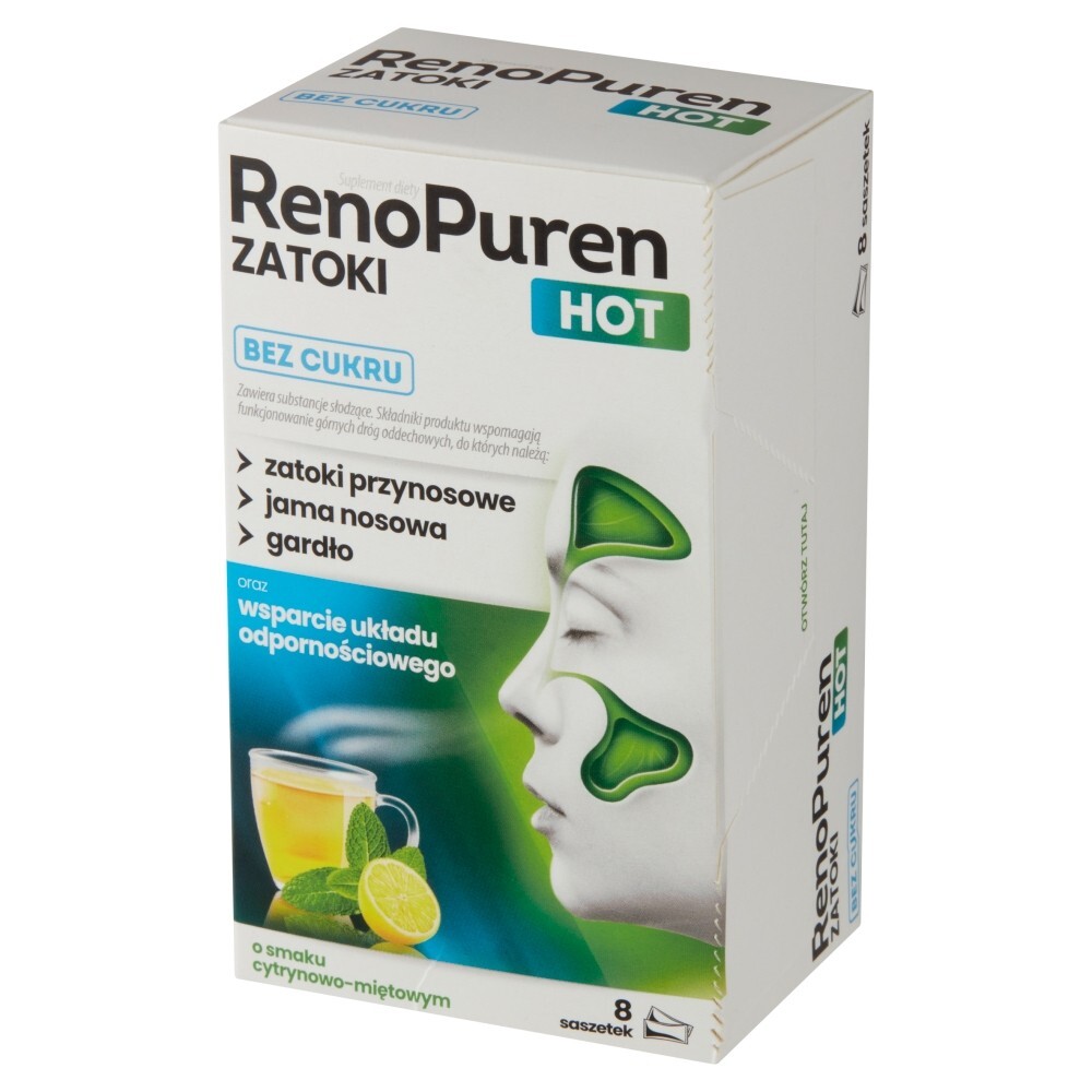 RenoPuren Zatoki Hot bez cukru, proszek, smak cytrynowo - miętowy, 8 saszetek