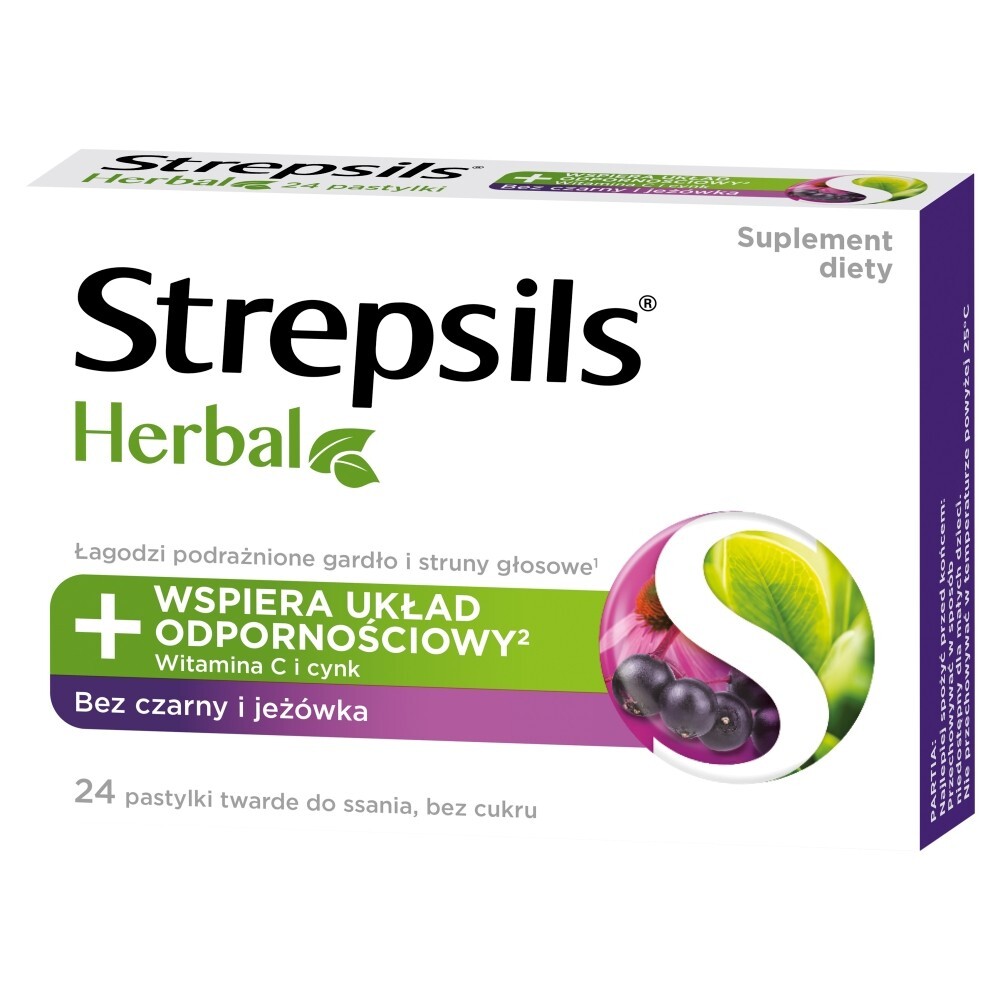 Strepsils Herbal, smak czarnego bzu i jeżówki, bez cukru, 24 pastylki do ssania