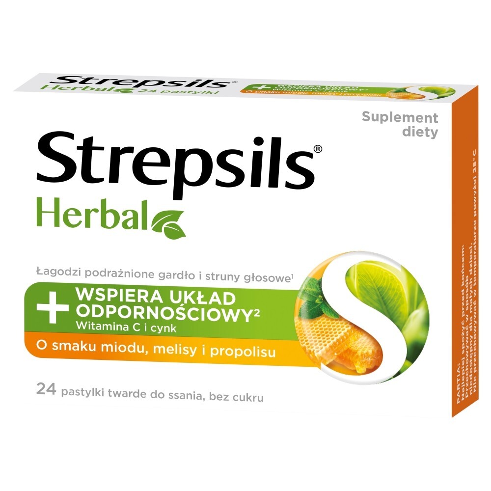 Strepsils Herbal, smak miodu, melisy i propolisu, bez cukru, 24 pastylki do ssania