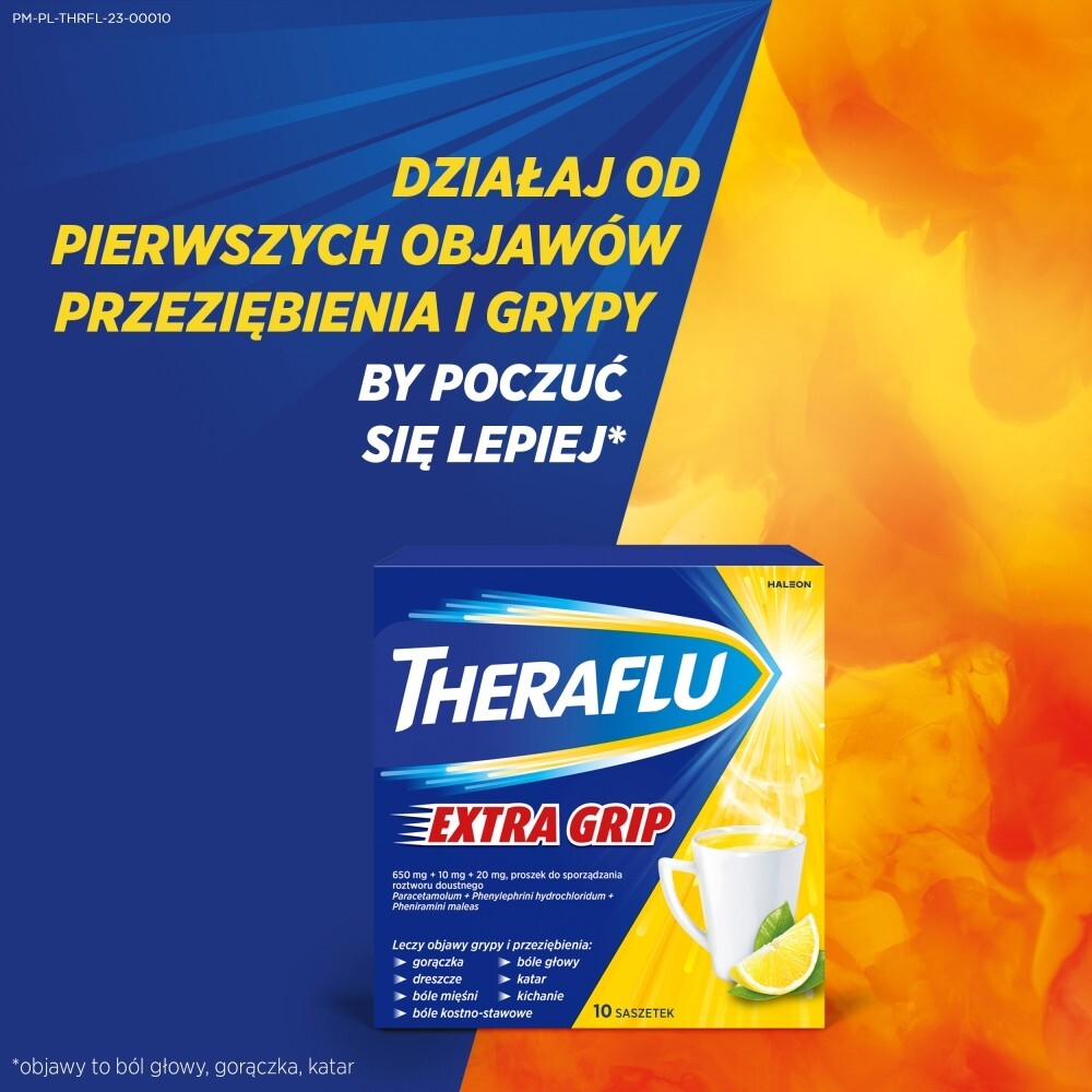 Theraflu ExtraGRIP, 650mg+10mg+20mg, proszek w saszetkach do sporządzania roztworów doustnych, 10 sztuk